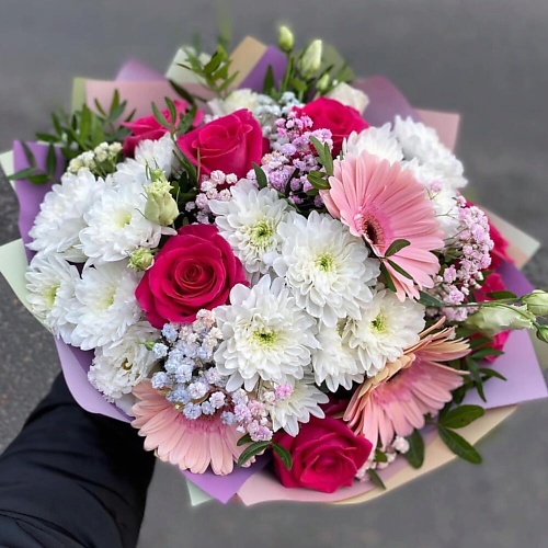 

FLOWERTVER Букет с розовыми герберами и розами, Букет с розовыми герберами и розами