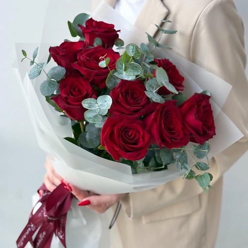 

FLOWERTVER Букет из 9 красных роз с эвкалиптом, Букет из 9 красных роз с эвкалиптом