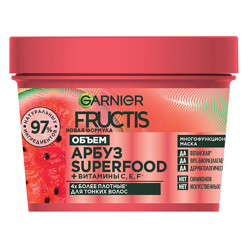 

FRUCTIS Маска 3в1, Superfood Арбуз, Объем, для тонких волос 390, Маска 3в1, Superfood Арбуз, Объем, для тонких волос