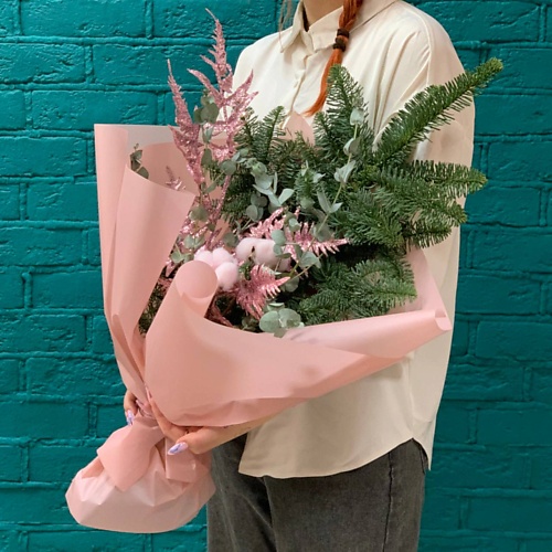 

ЦВЕТЫ МИШКИ Новогодний букет из нобилиса и хлопка, Новогодний букет из нобилиса и хлопка