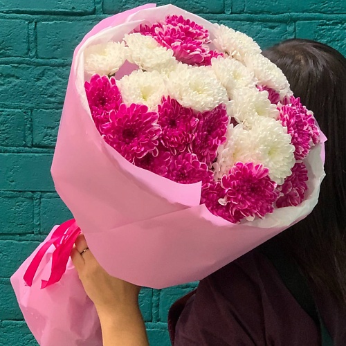 

ЦВЕТЫ МИШКИ Букет из 7 малиново-белых кустовых хризантем, Букет из 7 малиново-белых кустовых хризантем