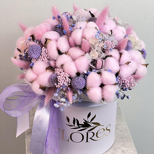 

FLORES Нежная коробочка с розовым хлопком и сухоцветами, Нежная коробочка с розовым хлопком и сухоцветами