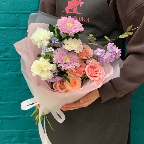 

ЦВЕТЫ МИШКИ Букет из розы и хризантемы, Букет из розы и хризантемы