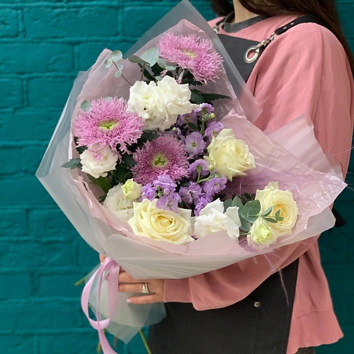 

ЦВЕТЫ МИШКИ Букет из розы и хризантемы, Букет из розы и хризантемы