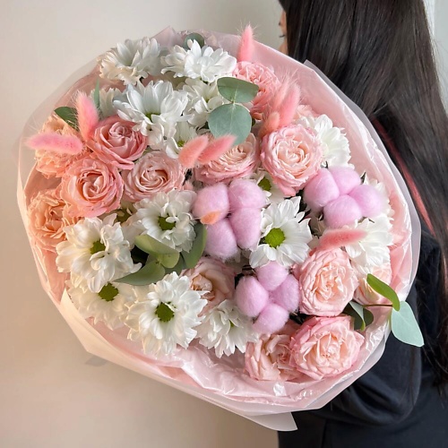 

FLORES Белая хризантема ромашка с розовой розой, Белая хризантема ромашка с розовой розой