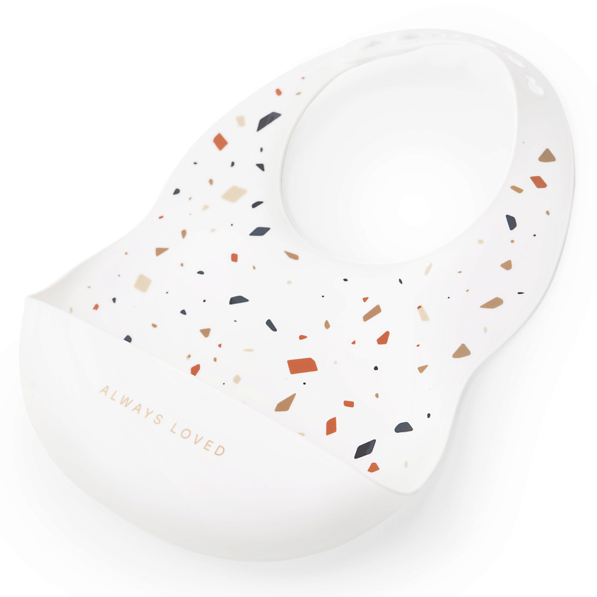 Изображение товара Силиконовый нагрудник Happy Baby с кармашком для улавливания пищи белый терраццо