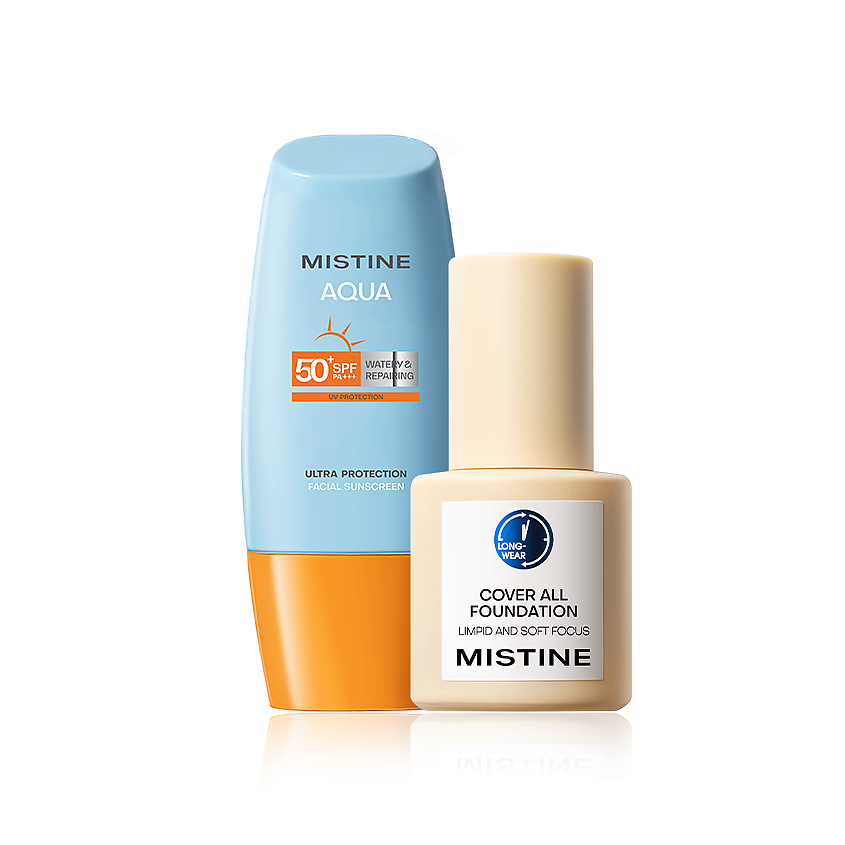 Изображение товара MISTINE Солнцезащитный флюид Aqua SPF50 + тональный крем Cover All Foundation Limpid and Soft Focus, LP110 + 40 мл