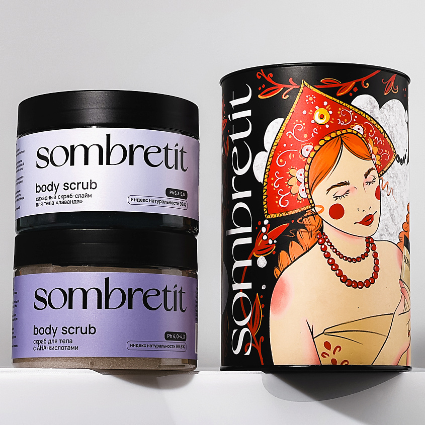 Изображение товара SOMBRETIT Подарочный набор скрабов для тела «Скраб с АНА-кислотами + Скраб-слайм «Лаванда», АНА+Лаванда, 800г
