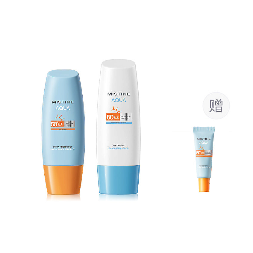 Изображение товара MISTINE Aqua Набор солнцезащитных средств SPF50++, 60 мл + 70 мл +1 шт.