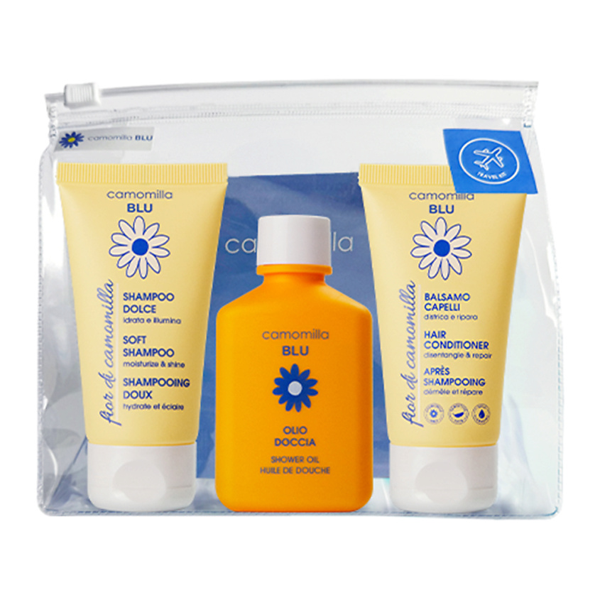 Изображение товара Набор для чувствительной кожи CAMOMILLA BLU Travel шампунь кондиционер масло для душа
