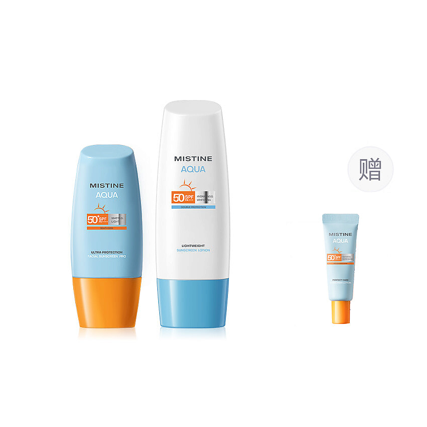 Изображение товара М Mistine Aqua SPF50+ PA++++ набор солнцезащитных средств 3 шт., универсальный уход для лица и тела