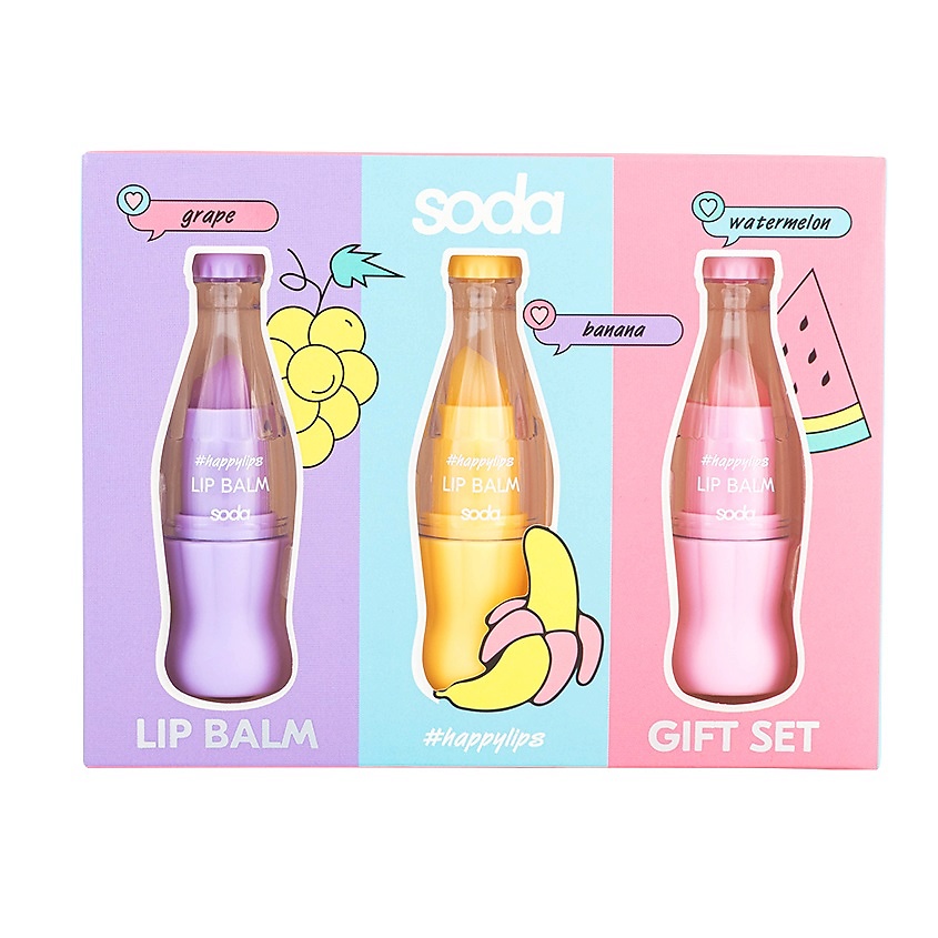 Изображение товара Подарочный набор бальзамов для губ SODA #happylips 3 шт по 3 г каждый