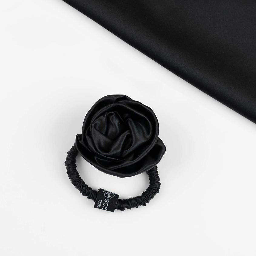 Изображение товара Шёлковая резинка для волос с цветком SCICOSMO натуральный шелк черная