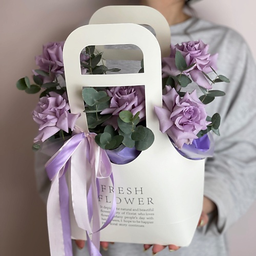 

MARIMAY Сиреневые французские розы 5 шт в сумке — редкий оттенок, свежие розы, премиальный букет, Сиреневые французские розы 5 шт в сумке — редкий оттенок, свежие розы, премиальный букет