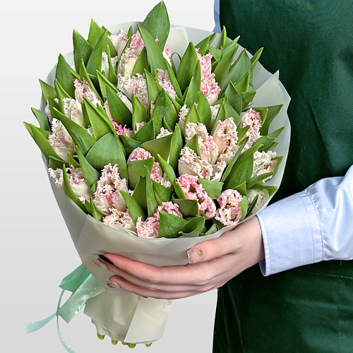 

STUDIO FLORISTIC Букет махровых бело-розовых Тюльпанов 51 шт «Хрустальный Край», Букет махровых бело-розовых Тюльпанов 51 шт «Хрустальный Край»