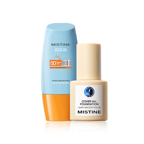 

MISTINE Солнцезащитный флюид Aqua SPF50 + тональный крем Cover All Foundation Limpid and Soft Focus, Солнцезащитный флюид Aqua SPF50 + тональный крем Cover All Foundation Limpid and Soft Focus