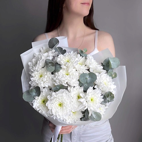 

FLOWERS DE LUXE БУТИК ЦВЕТОВ И ПОДАРКОВ Букет белая хризантема кустовая и эвкалипт, Букет белая хризантема кустовая и эвкалипт
