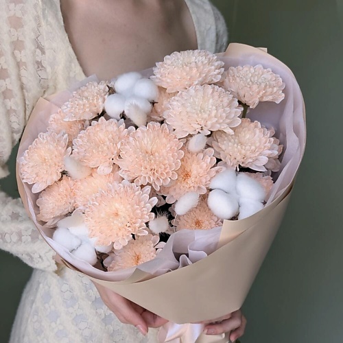 

FLOWERS DE LUXE БУТИК ЦВЕТОВ И ПОДАРКОВ Персиковый рай Хризантема кустовая, лагурус, хлопок, Персиковый рай Хризантема кустовая, лагурус, хлопок