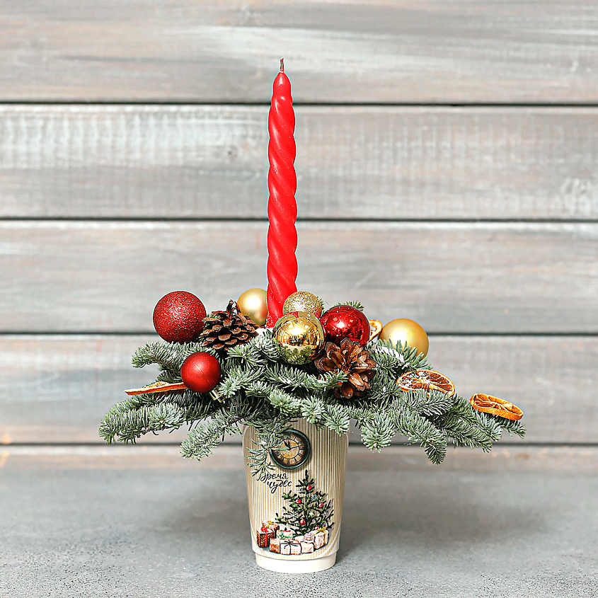 Изображение товара БУКЕТ МАРКЕТ ДАРИТЕ С УДОВОЛЬСТВИЕМ Новогодняя композиция в стакане №11, 1 шт.