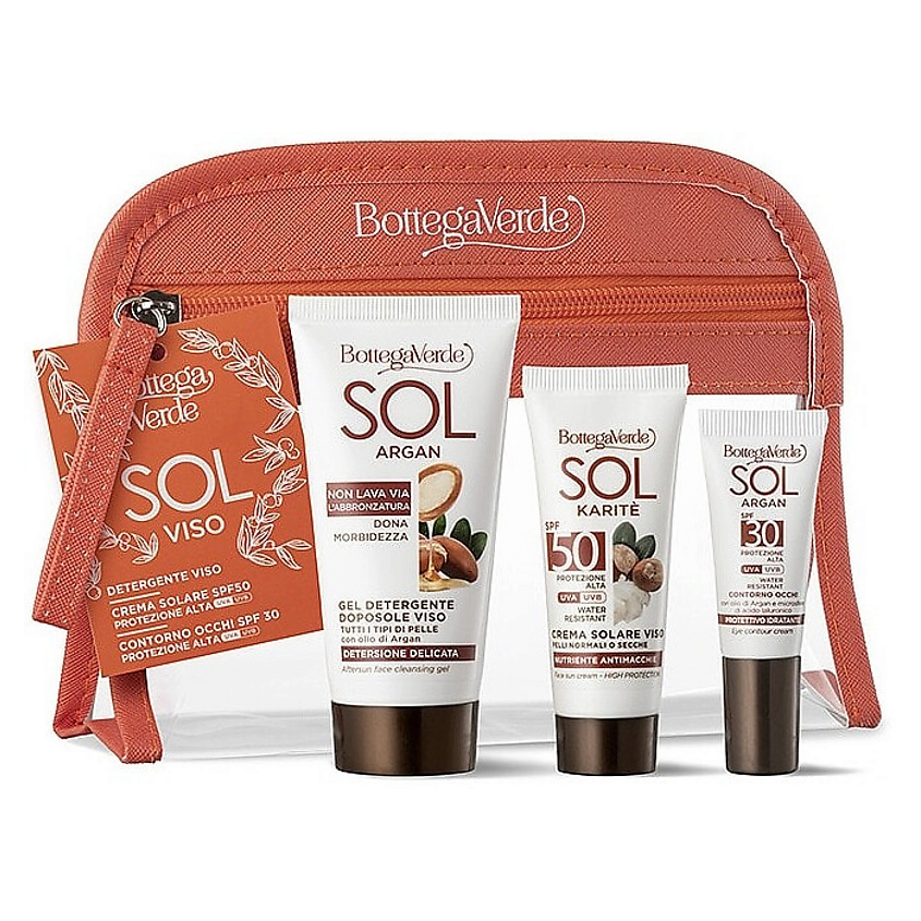 Изображение товара BOTTEGA VERDE Набор Sol Argan: Солнцезащитный крем + Гель для лица + Крем для глаз + Косметичка, 20 мл + 50 мл + 5 мл + 1 шт.