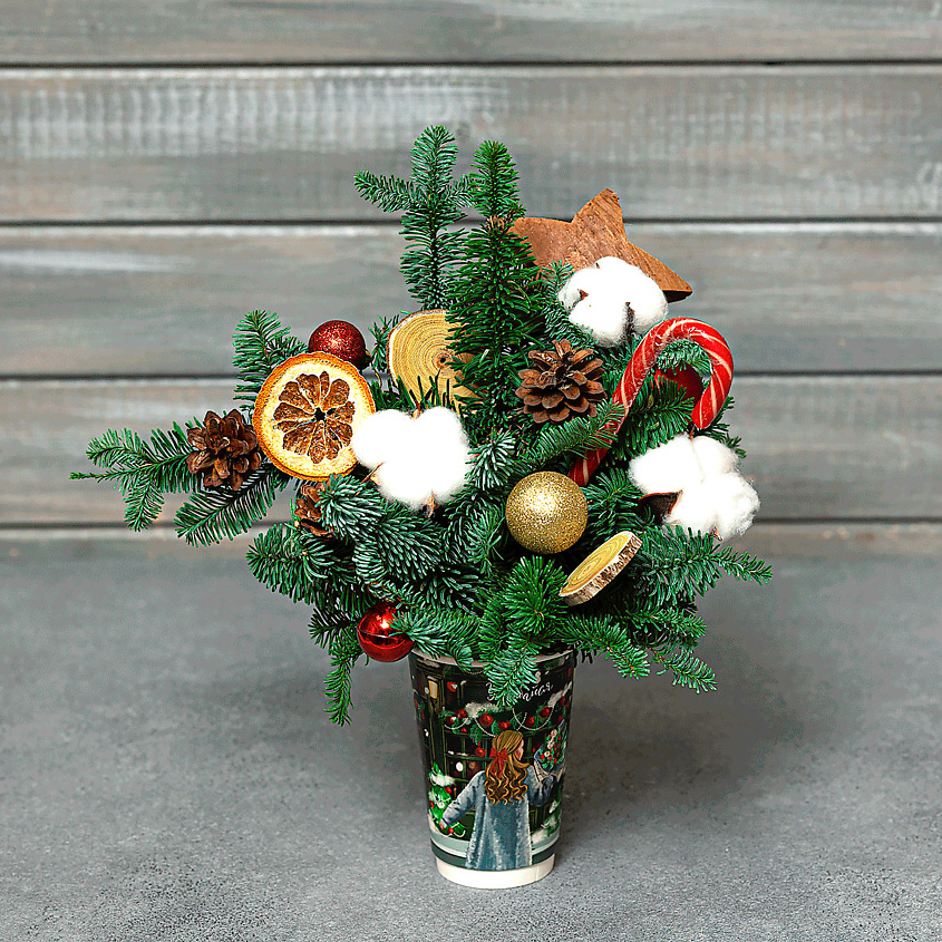 Изображение товара Новогодняя композиция в стакане №13 с живыми розами