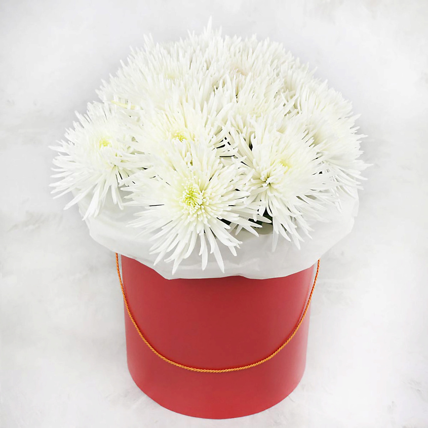 Изображение товара Композиция из 11 белых хризантем в шляпной коробке - свежие цветы в подарок