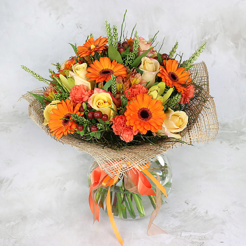 Изображение товара БУКЕТ МАРКЕТ ДАРИТЕ С УДОВОЛЬСТВИЕМ Букет из альстромерий, гербер и роз в упаковке, 1 шт.