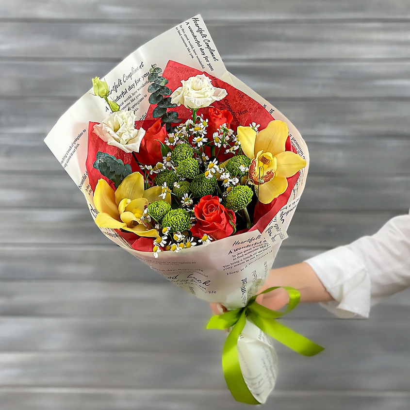 Изображение товара БУКЕТ МАРКЕТ ДАРИТЕ С УДОВОЛЬСТВИЕМ Букет из орхидей, роз и ромашек, 1 шт.