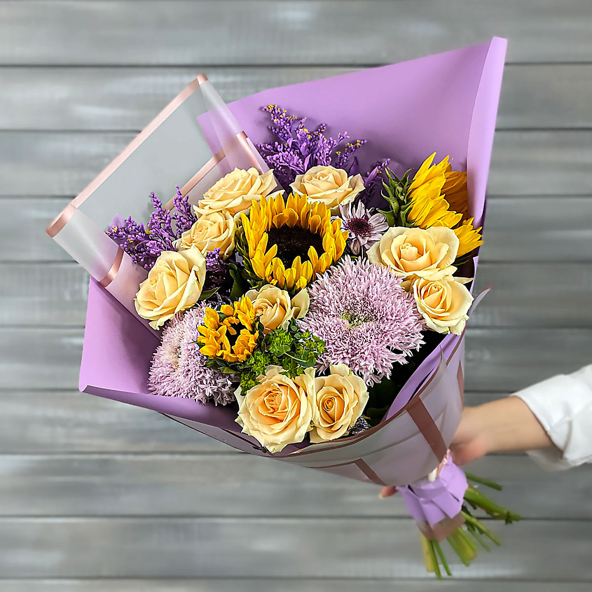 Изображение товара Букет из хризантем и подсолнухов Дарите с удовольствием - свежие цветы 1 шт