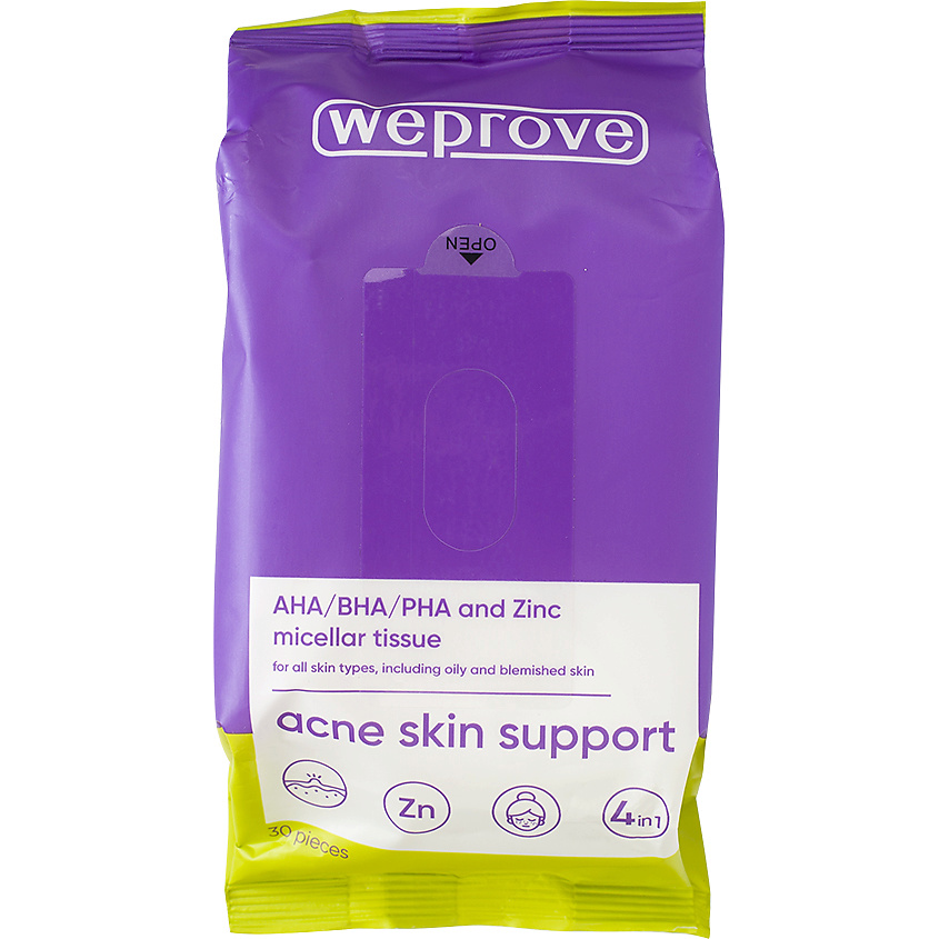 Изображение товара Мицеллярные салфетки WEPROVE Acne Skin Support 30 шт для жирной и проблемной кожи