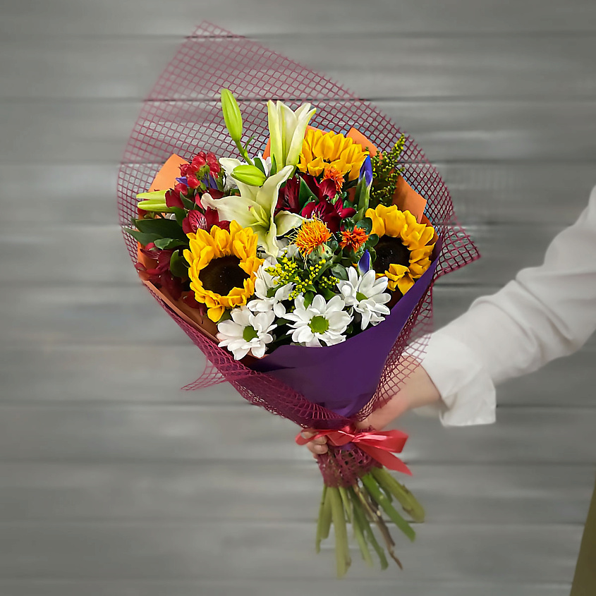 Изображение товара Букет из лилий, подсолнухов и хризантем, 1 шт. от Букет Маркет