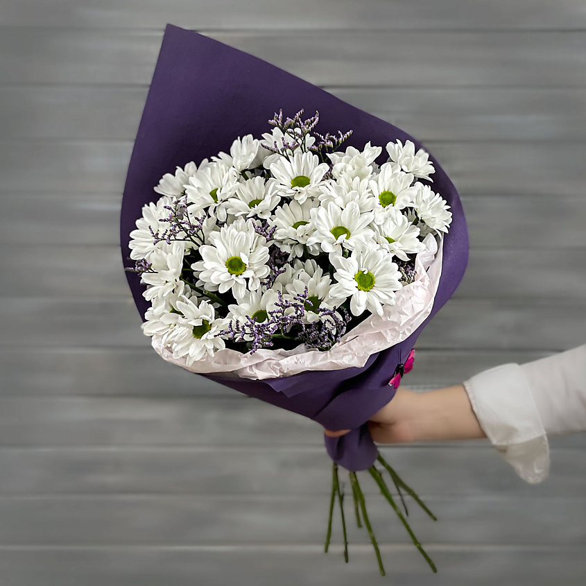 Изображение товара Букет из белых хризантем и лимониума 1 шт. с уходом и подпиткой