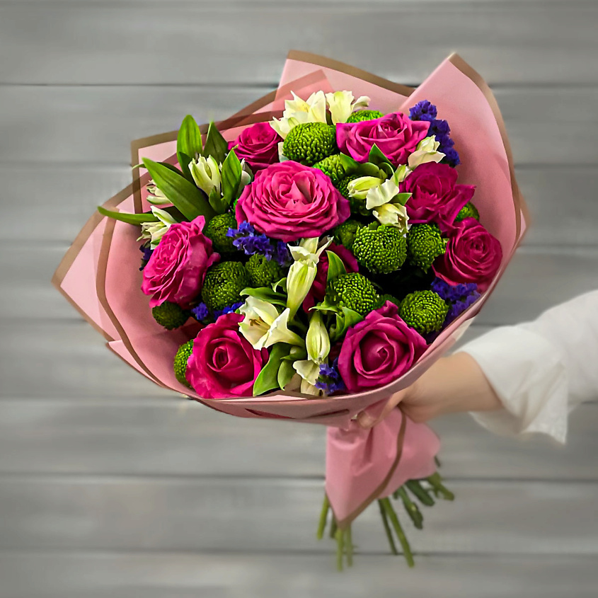 Изображение товара БУКЕТ МАРКЕТ ДАРИТЕ С УДОВОЛЬСТВИЕМ Букет из роз, альстромерий и хризантем, 1 шт.