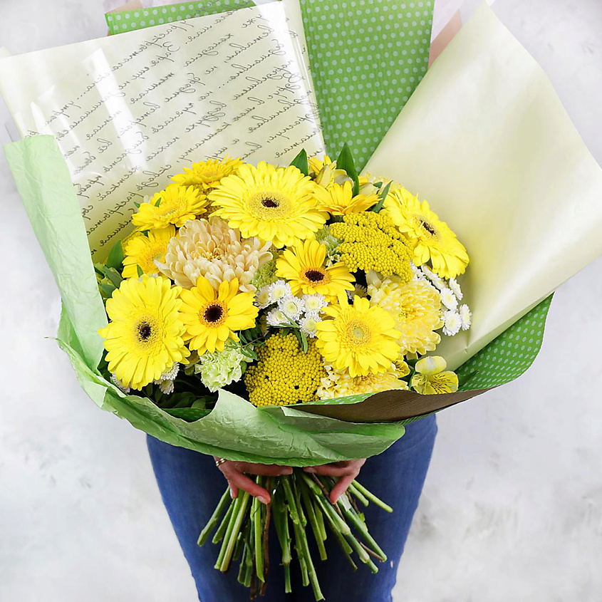 Изображение товара БУКЕТ МАРКЕТ ДАРИТЕ С УДОВОЛЬСТВИЕМ ВИП букет из гербер, альстромерий, хризантем и ахилей, 1 шт.