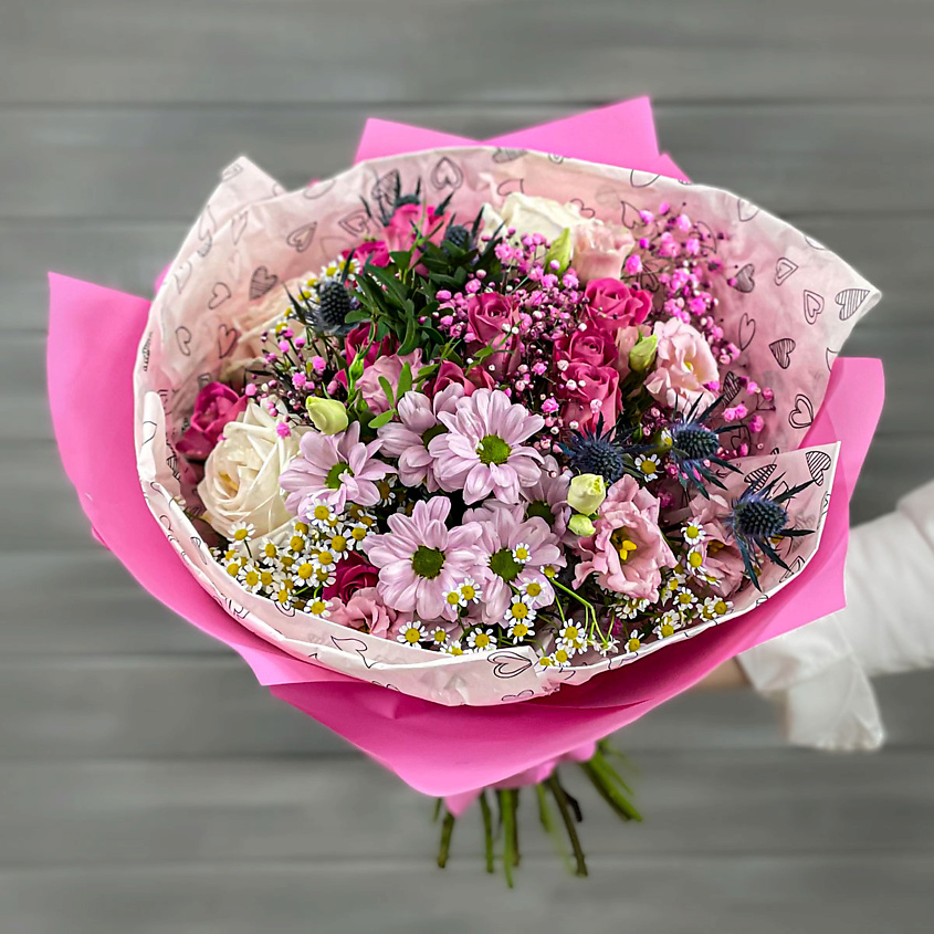 Изображение товара Букет из хризантем, лизиантусов и роз 1 шт. красивый подарок для любимого человека