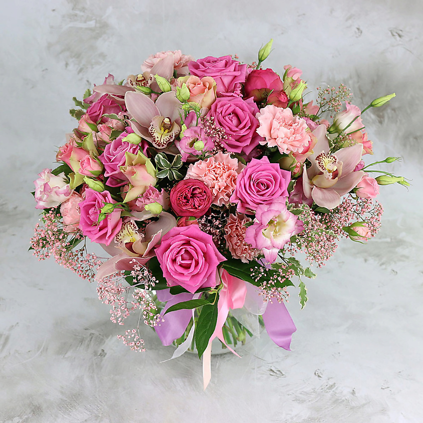 Изображение товара Букет из розовых роз, лизиантуса и орхидей - красота и радость