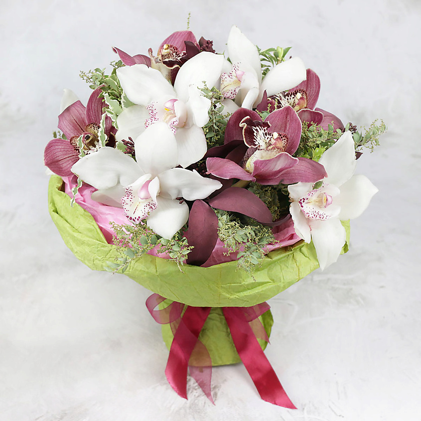 Изображение товара Букет из орхидеи и мимозы, свежие живые цветы, подарок