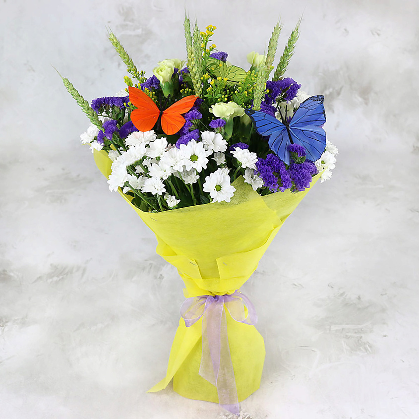 Изображение товара Букет из кустовых хризантем с пшеницей в упаковке - свежие живые цветы для подарка и украшения