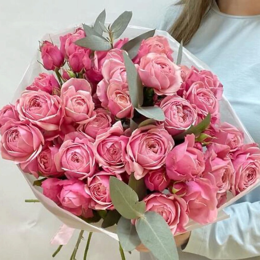 Изображение товара CHALET GREEN 15 кустовых пионовидных роз сильва пинк с эвкалиптом, 1 шт.