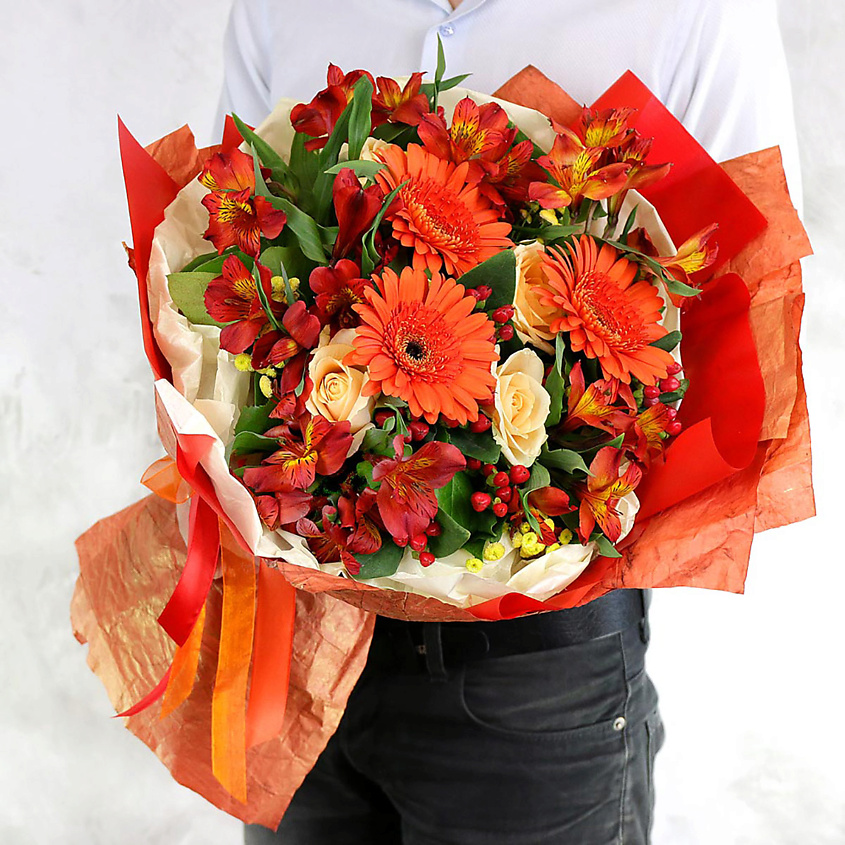 Изображение товара Яркий букет из гербер, альстромерий, ромашек и роз 1 шт. - Букет Маркет