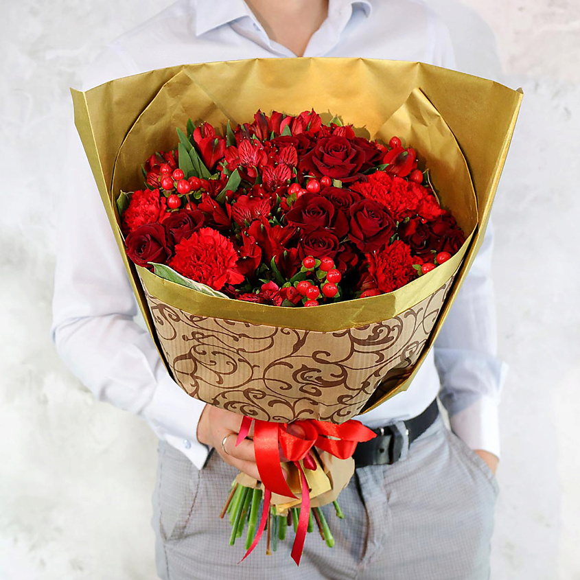 Изображение товара БУКЕТ МАРКЕТ ДАРИТЕ С УДОВОЛЬСТВИЕМ Яркий букет из роз, альстромерий и гвоздик, 1 шт.