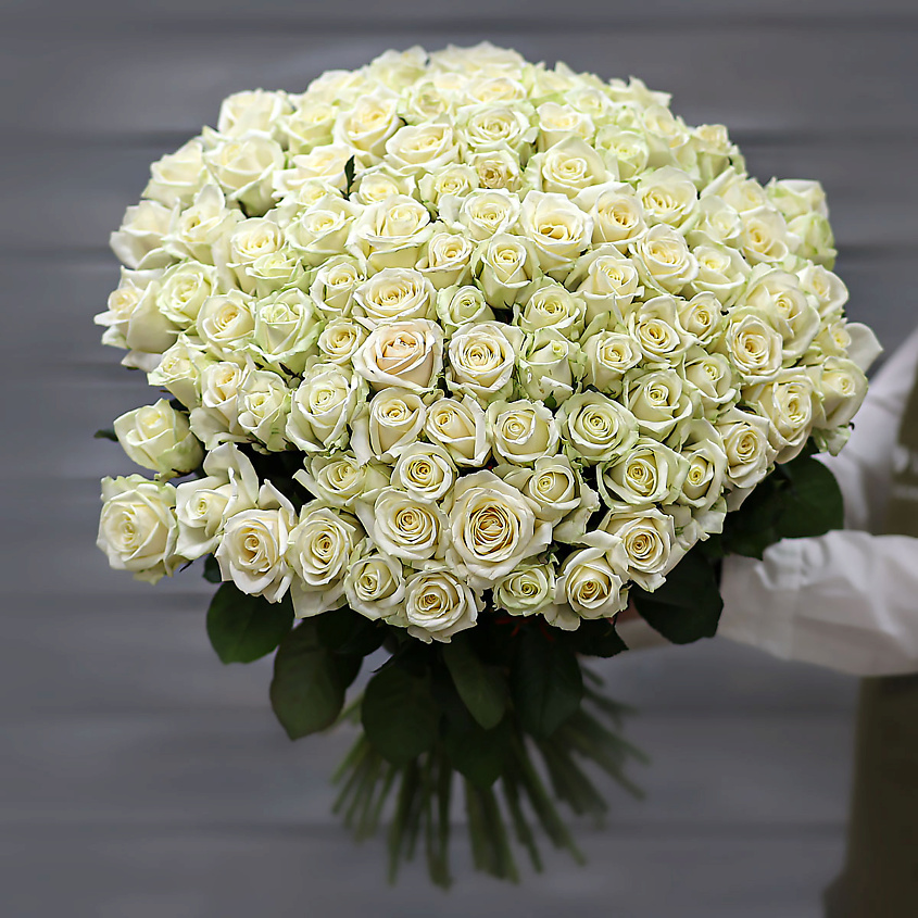 Изображение товара Букет из 101 длинной розы Аваланж Россия 60 см с уходом и средством Хризалом