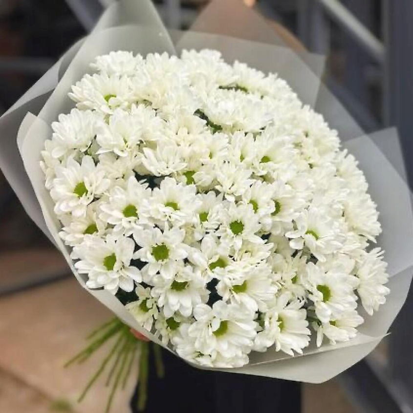 Изображение товара CHALET GREEN Букет белых Хризантем сорта Chic в оформлении, 15 шт