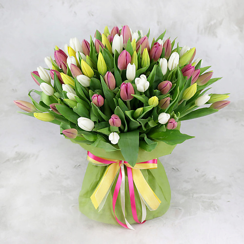 

БУКЕТ МАРКЕТ ДАРИТЕ С УДОВОЛЬСТВИЕМ Букет из 101 разноцветного тюльпана в фетре, Букет из 101 разноцветного тюльпана в фетре