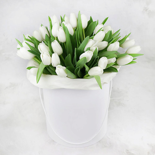 

БУКЕТ МАРКЕТ ДАРИТЕ С УДОВОЛЬСТВИЕМ Композиция из 51 белого тюльпана в шляпной коробке, Композиция из 51 белого тюльпана в шляпной коробке
