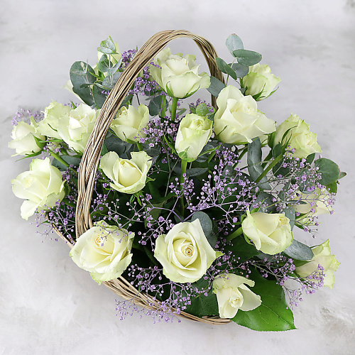 

БУКЕТ МАРКЕТ ДАРИТЕ С УДОВОЛЬСТВИЕМ Композиция из белых роз и гипсофилы в корзине, Композиция из белых роз и гипсофилы в корзине