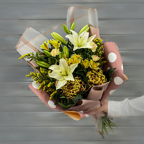 

БУКЕТ МАРКЕТ ДАРИТЕ С УДОВОЛЬСТВИЕМ Букет из лилий, альстромерий и хризантем, Букет из лилий, альстромерий и хризантем