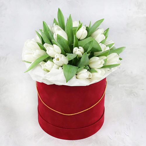 

БУКЕТ МАРКЕТ ДАРИТЕ С УДОВОЛЬСТВИЕМ Композиция из 25 тюльпанов в шляпной коробке, Композиция из 25 тюльпанов в шляпной коробке