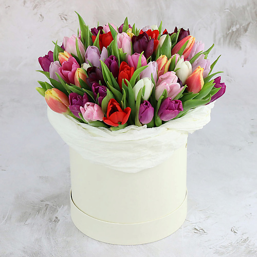 

БУКЕТ МАРКЕТ ДАРИТЕ С УДОВОЛЬСТВИЕМ 51 разноцветный тюльпан в шляпной коробке, 51 разноцветный тюльпан в шляпной коробке