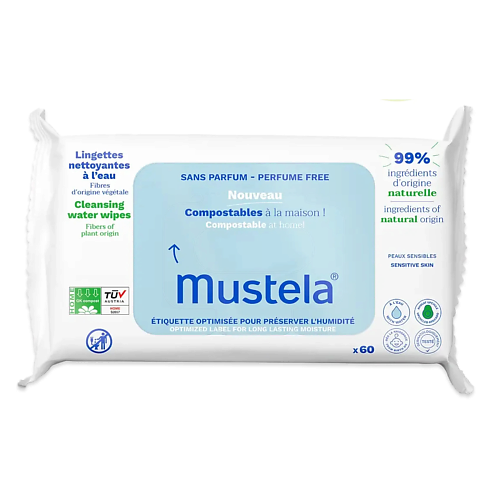 

MUSTELA Биоразлагаемые влажные салфетки на водной основе Compostable Unscented Wipes 60, Биоразлагаемые влажные салфетки на водной основе Compostable Unscented Wipes
